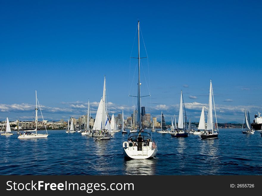 Sailboats on Elliott Bay in downtown Seattle, WA. Sailboats on Elliott Bay in downtown Seattle, WA