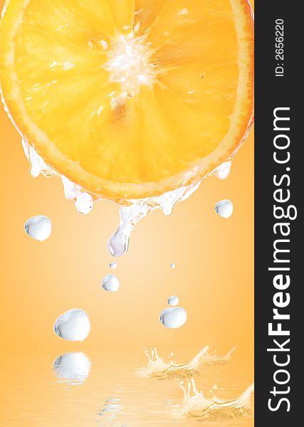 Fresh orange with a big drops falling in a juice sea. Fresh orange with a big drops falling in a juice sea.