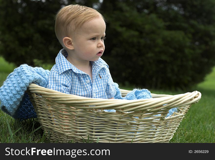 Image of beautiful toddler sitting in a basket in the grass. Image of beautiful toddler sitting in a basket in the grass