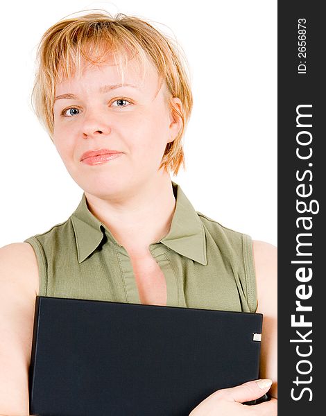 A business woman holding a black laptop. A business woman holding a black laptop