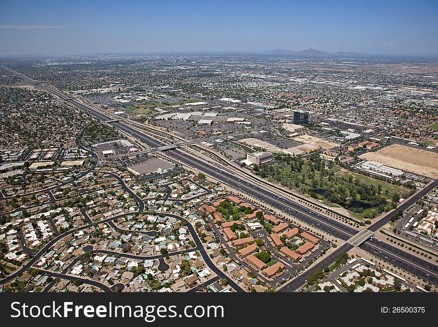 Aerial view of the Superstition Freeway in Mesa looking Northwest towrds Tempe and Phoenix, Arizona