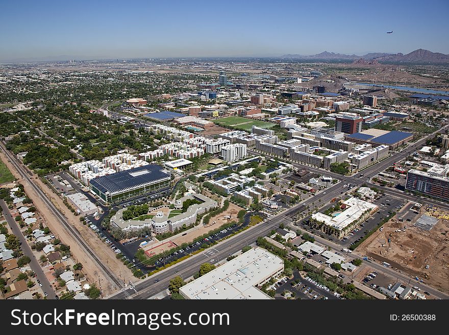 Aerial view of the City of Tempe with college campus skyline. Aerial view of the City of Tempe with college campus skyline