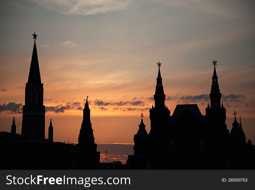 Moscow Kremlin's silhouette at sunset. Moscow Kremlin's silhouette at sunset