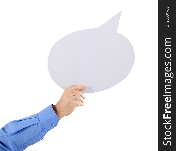 Arm holding a speech bubble on white background