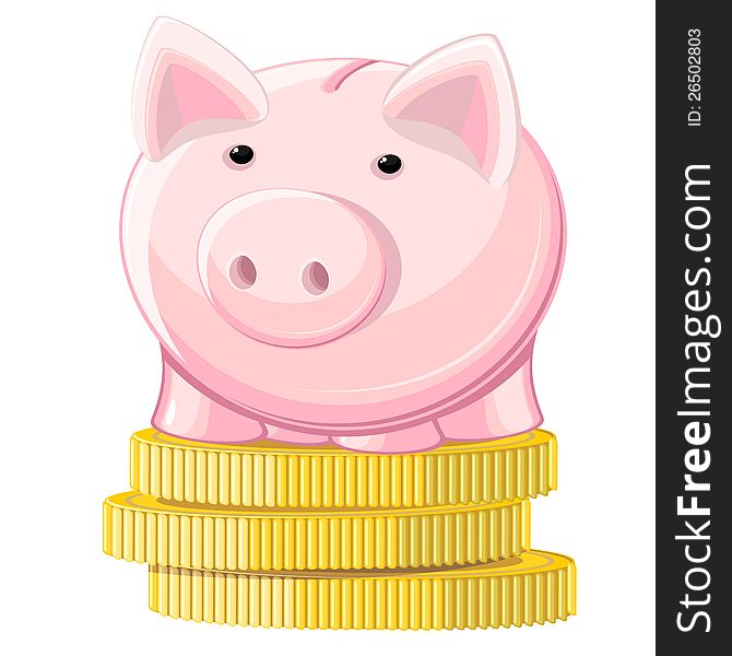 Pink piggy bank standing on stack of golden coins. Pink piggy bank standing on stack of golden coins