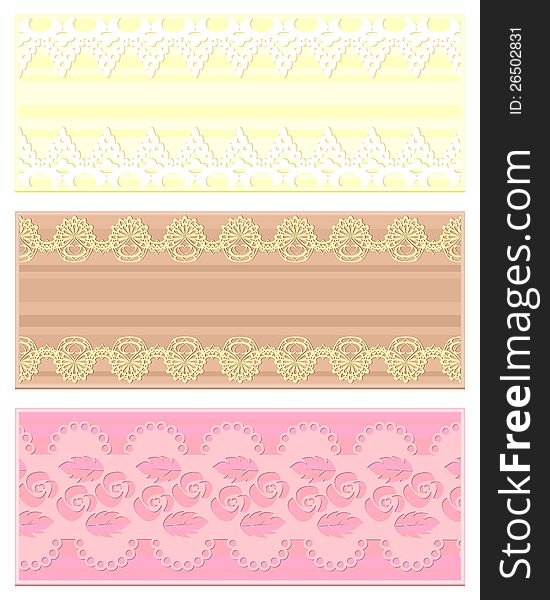 Set of three vintage lace banners in pastel colors