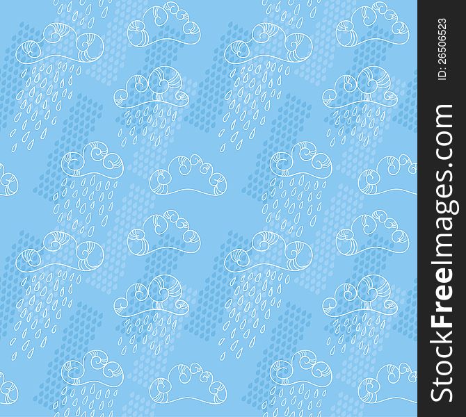 Vector seamless blue background with clouds and rain. Vector seamless blue background with clouds and rain