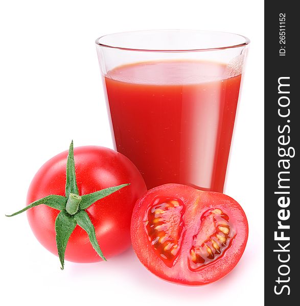 Tomato juice with ripe tomato on a white background.