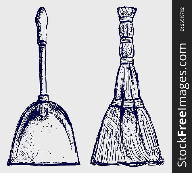 Broom and dustpan. Doodle style. Vector