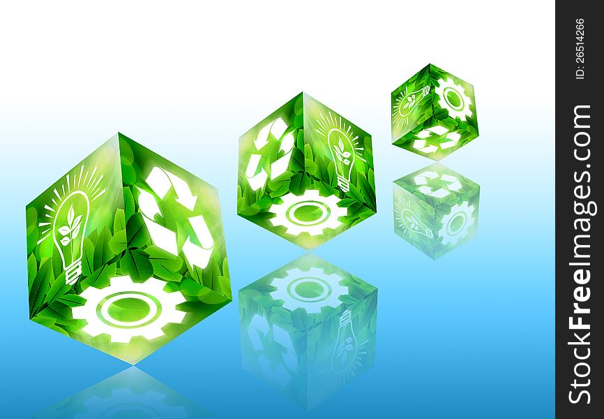 Green concept with cube image on blue background. Green concept with cube image on blue background.