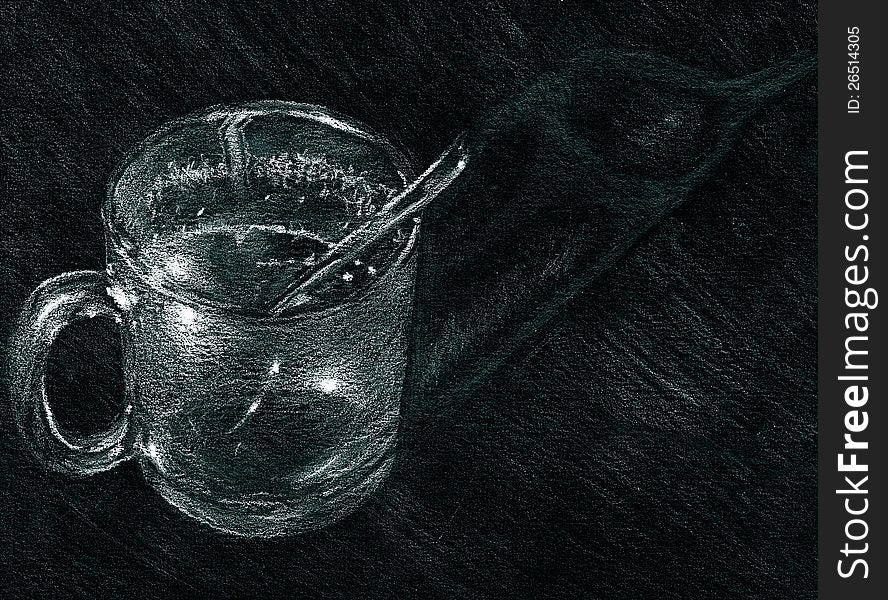 Illustration of cup and spoon on black background. Illustration of cup and spoon on black background