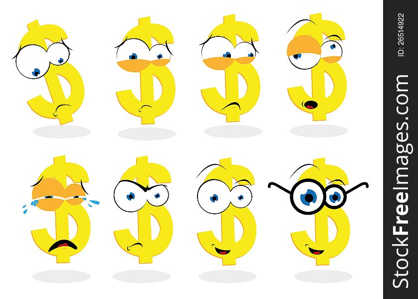 A vector cartoon representing a funny dollar symbol in different poses