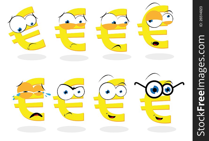 A vector cartoon representing a funny euro symbol in different poses