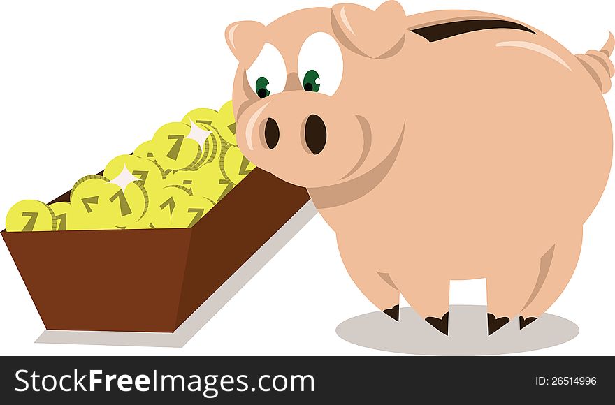 A Piggy Bank eating some coins. A Piggy Bank eating some coins