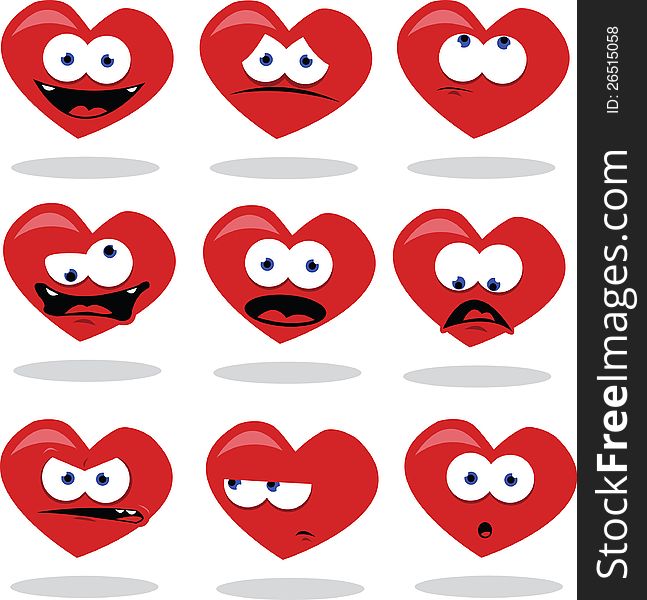 A vector cartoon representing a funny heart in different poses