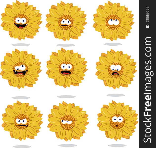 A vector cartoon representing a funny sunflower in different poses. A vector cartoon representing a funny sunflower in different poses