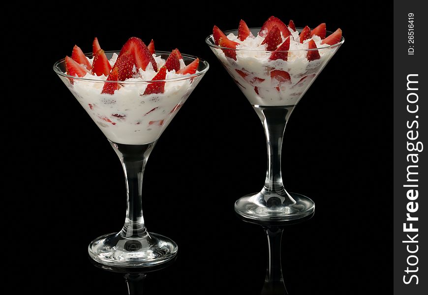 Strawberry With Cream In Two Glasses.