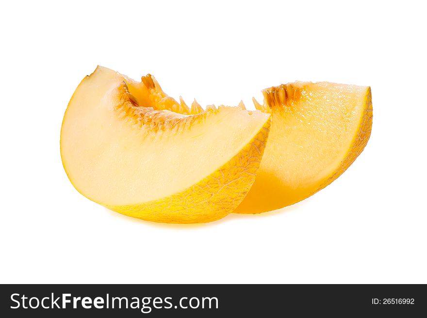 Two shares of a melon on a white background