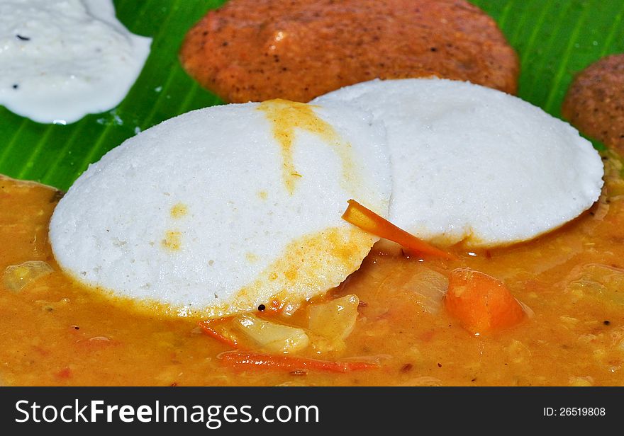 Idli Sambhar ,South Indian breakfast on a banana leaf