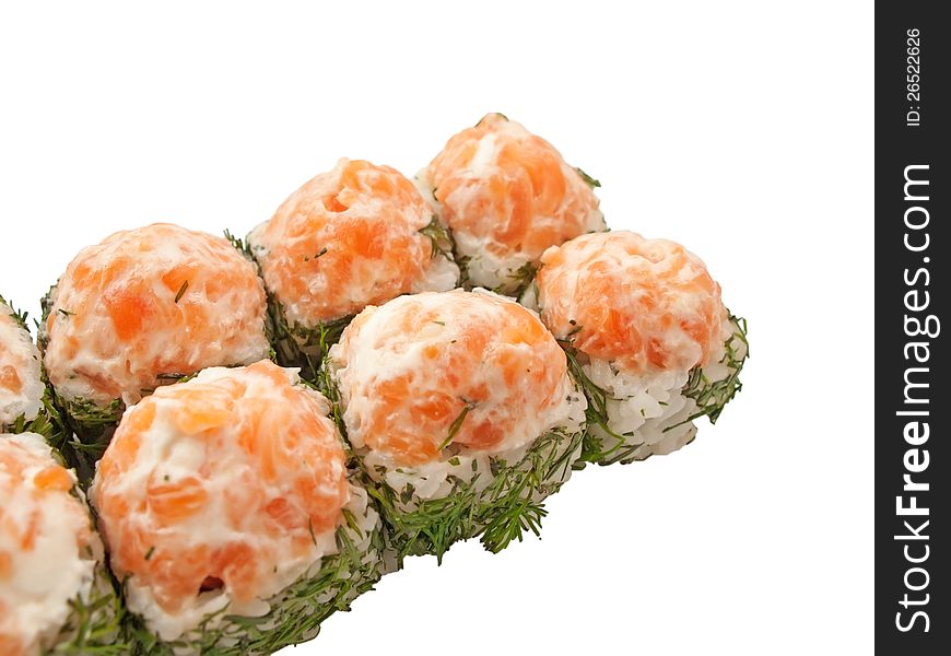 Sushi rolls with salmon and dill isolated on white