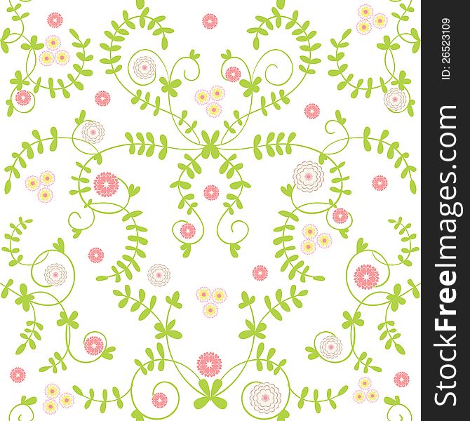 Vector green seamless background with flowers and leaves. Vector green seamless background with flowers and leaves