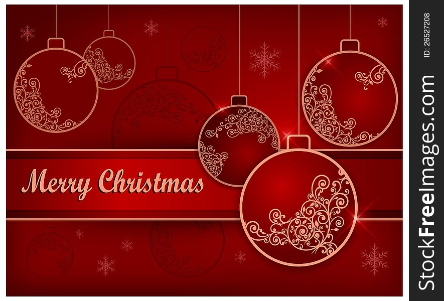 Christmas background with baubles & text, vector illustration in red color