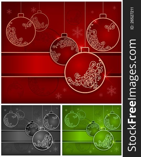 Christmas background with baubles, vector illustration in red color