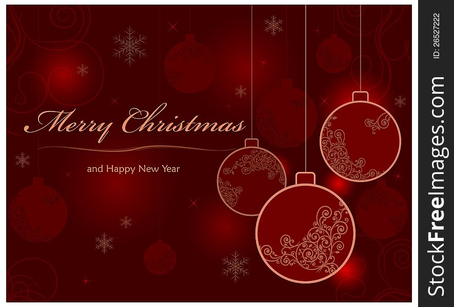 Christmas background with baubles & text, vector illustration in red color