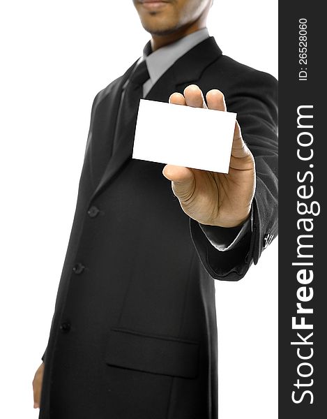 Business man holding name card isolated over white background