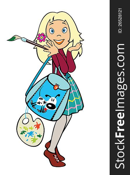 school girl with knapsack and painting brush,vector picture isolated on white background,children illustration. school girl with knapsack and painting brush,vector picture isolated on white background,children illustration