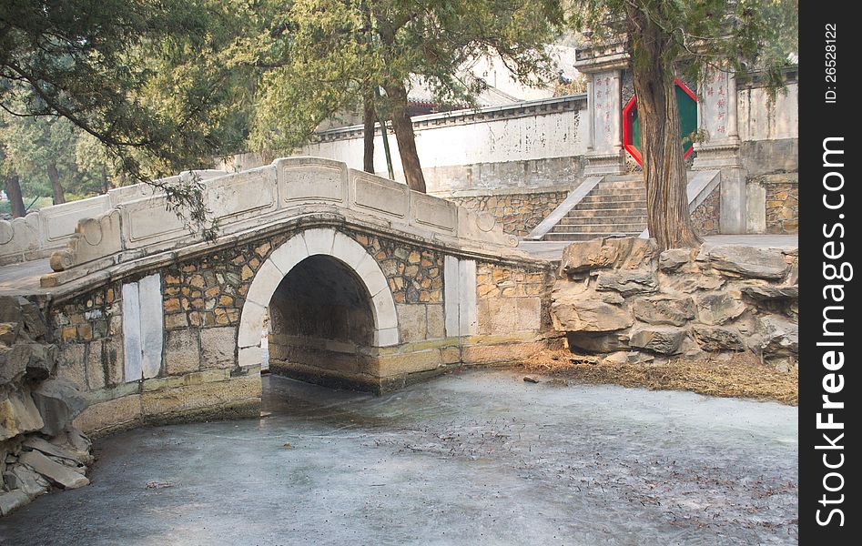 Chinese garden scenery. Bridge with forzen water and ice in Summer Palace in Beijing.