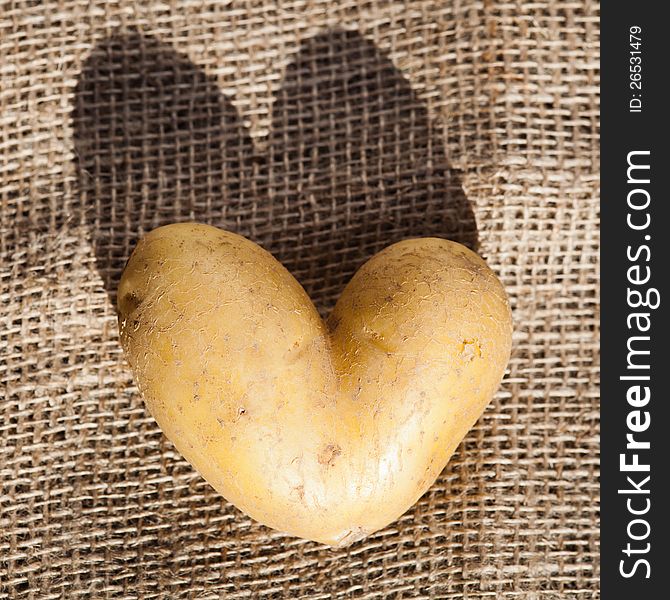 Heart shaped potato lies on hessian. Heart shaped potato lies on hessian