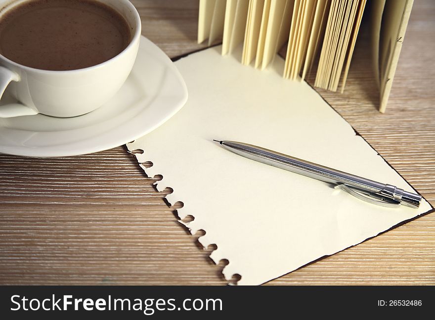 Image of cup of coffee, pencil and blank of paper. Image of cup of coffee, pencil and blank of paper