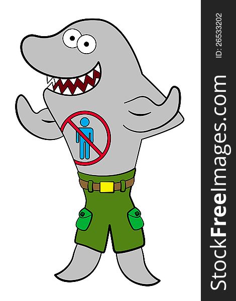 A funny looking shark showing off his muscles, with a human icon and banned sign tattoo on his body. A funny looking shark showing off his muscles, with a human icon and banned sign tattoo on his body
