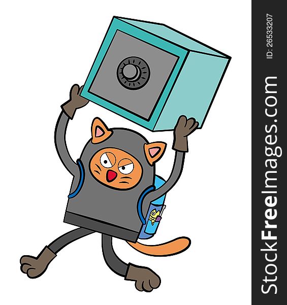 A humorous illustration of a cat in burglar suit carrying a vault. A humorous illustration of a cat in burglar suit carrying a vault