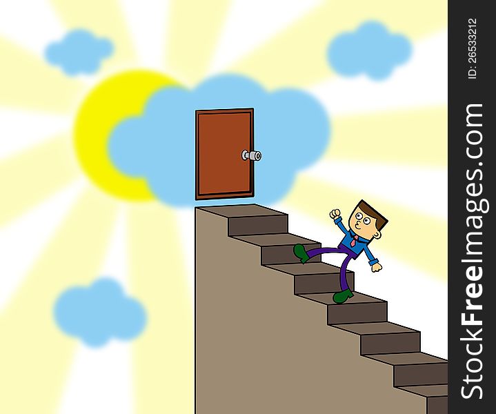 A happy business man climbing up at stairs that reaches a cloud with a door. A happy business man climbing up at stairs that reaches a cloud with a door