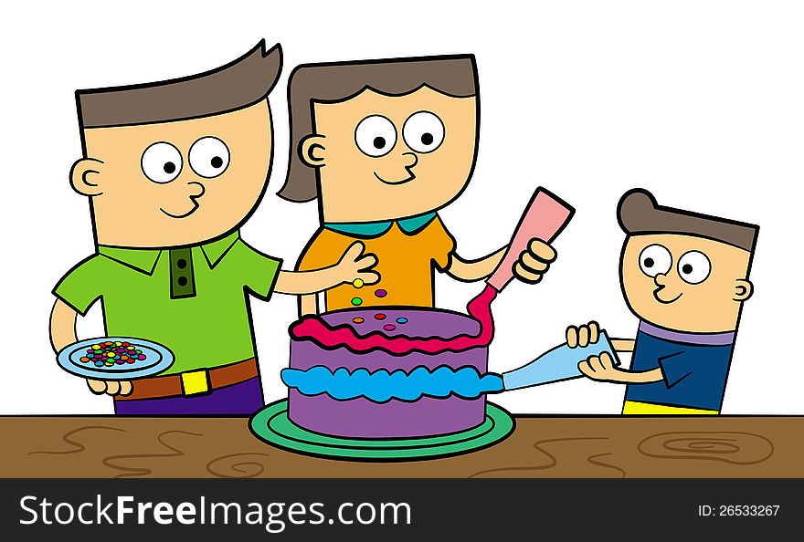 A very happy family making decorations on a cake. A very happy family making decorations on a cake