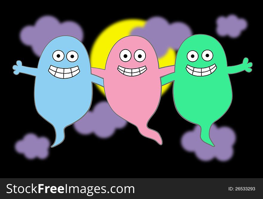 A cute illustration of three ghosts with a night sky background