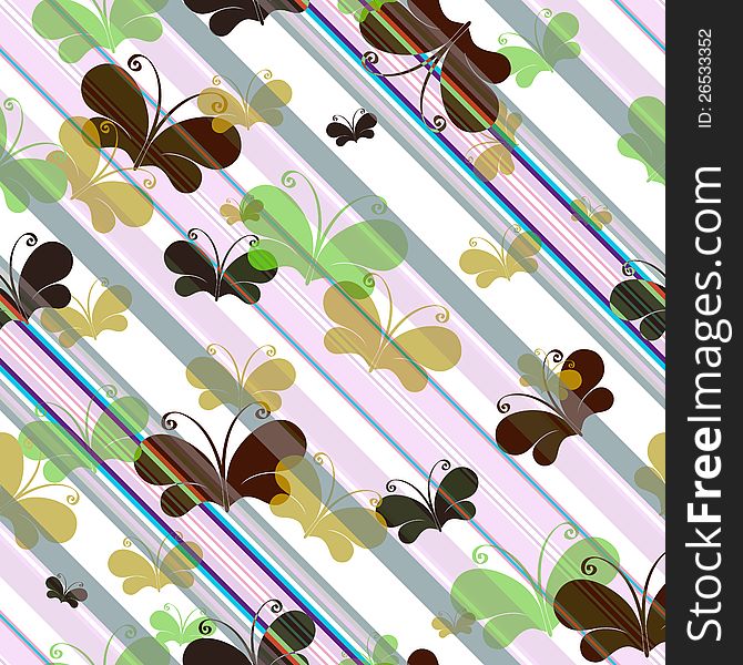 Seamless pattern with silhouettes translucent butterflies and diagonal lines (vector EPS 10)