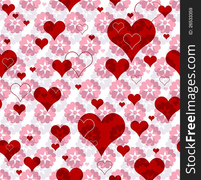 Seamless valentine pattern with pink flowers and vivid red hearts (vector EPS 10)