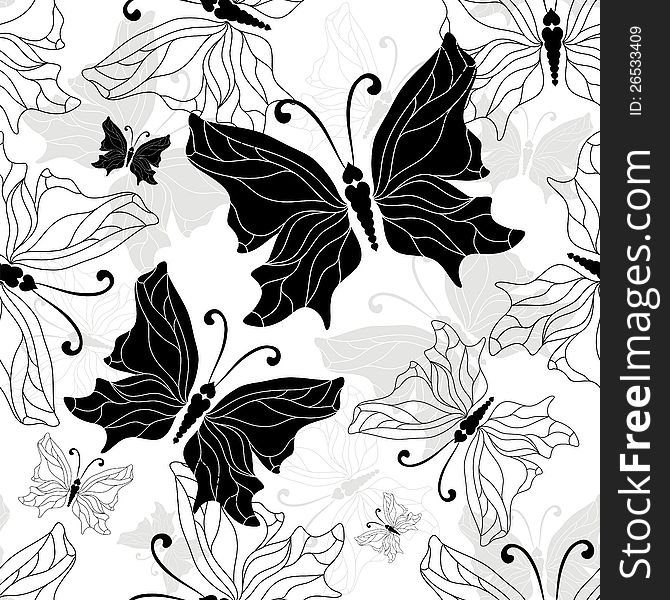 Seamless pattern with graphic white, black and gray vintage butterflies (vector). Seamless pattern with graphic white, black and gray vintage butterflies (vector)