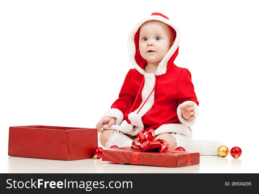 Santa Claus baby with gift box on white background. Santa Claus baby with gift box on white background