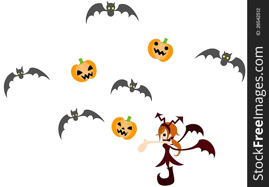A devil girl manipulating bats and Jack-o-lantern.