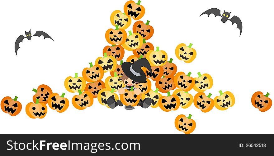 A wizard boy surrounded by a lot of jack-o-lantern.