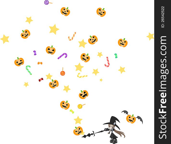 When a girl cast a spell, a lot of Jack-o-lantern and sweets appear. When a girl cast a spell, a lot of Jack-o-lantern and sweets appear.
