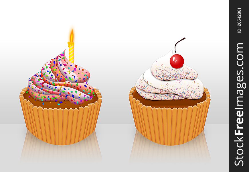 Illustration of two decorated cupcakes with candle and cherry.