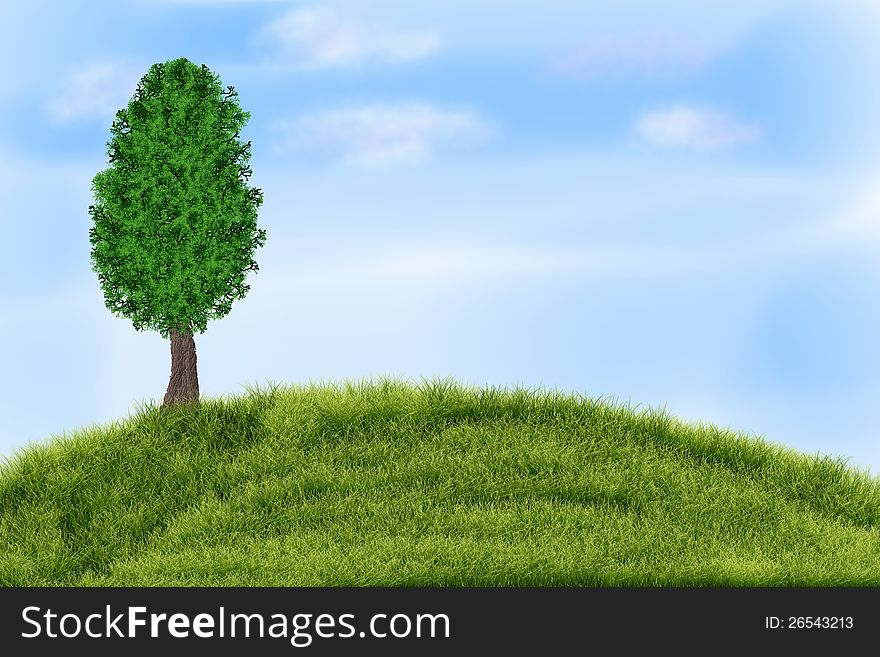 Summer landscape with green grass, tree and clouds. Summer landscape with green grass, tree and clouds.