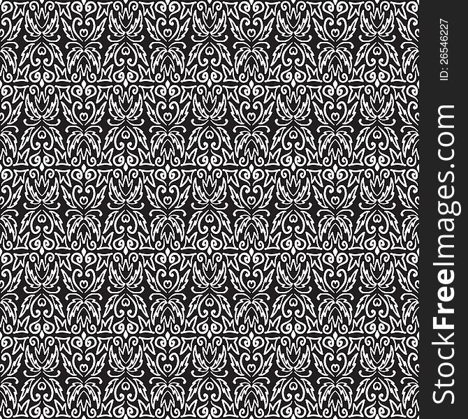 Black-white seamless floral pattern on black background