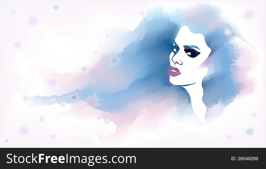 Beautiful woman face with hairs flying in the wind. Watercolor fashion sketch