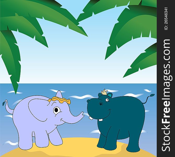 Cartoon elephant and hippopotamus under the palm trees